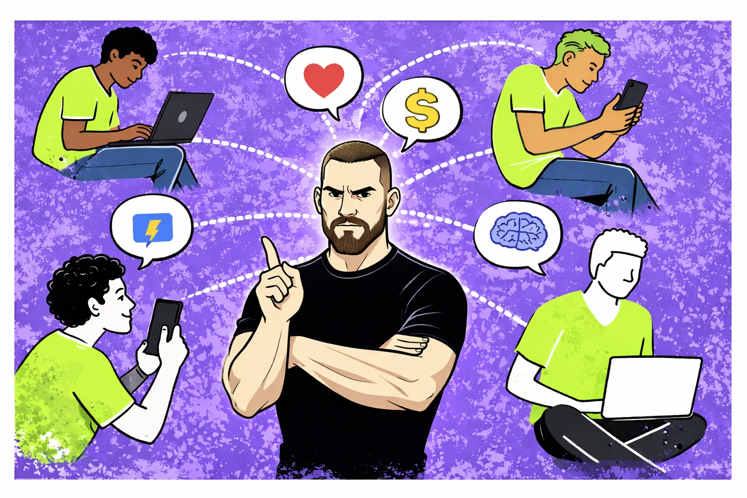 Illustration representing manosphere documentary themes of male identity, influence, and control systems